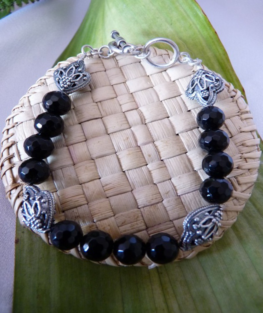 Facet cut black onyx beads and silver bracelet image 0